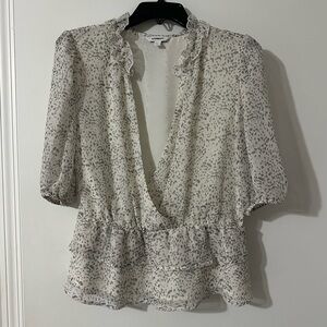 Express Ruffle V-Neck Blouse - Cream and Gray